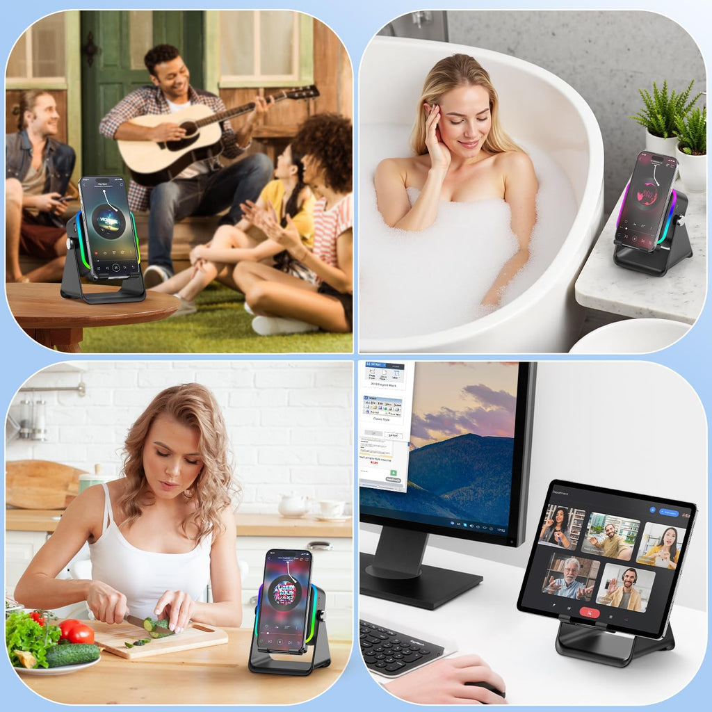 Wireless Induction Speaker 5-In-1 Bluetooth Speaker with Phone Stand,Stereo Sound, 3500Mah Rechargeable, 8 RGB Ambient Light, 360° Adjustable Holder for Iphone/Android/Ipad,Gifts for Men Women (Black)