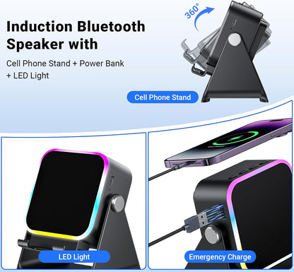 Induction Speaker with Phone Stand 5 in 1 Wireless Induction Bluetooth Audio for Iphone Android Phone Speakers Amplifier with Rechargeable Colorful Light, Birthday Gifts for Men Women Teens (Black)