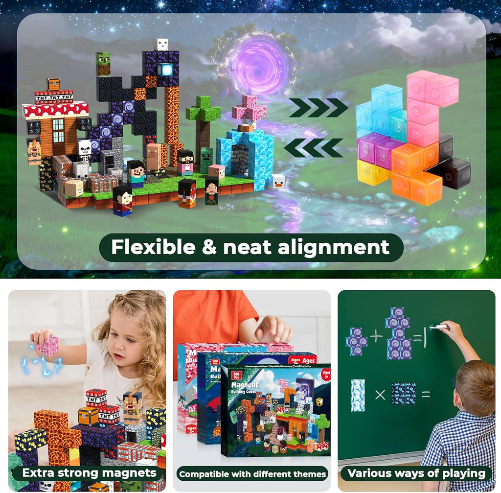 300PCS Magnetic Blocks - Magnetic Building Blocks Cubes Adventurer, Magnet Toys for Kids Age 3+, Toy Building Set for Kids, Magnets Stacking Construction Birthday Gifts for Boys Girls Age 4-8, 8-12