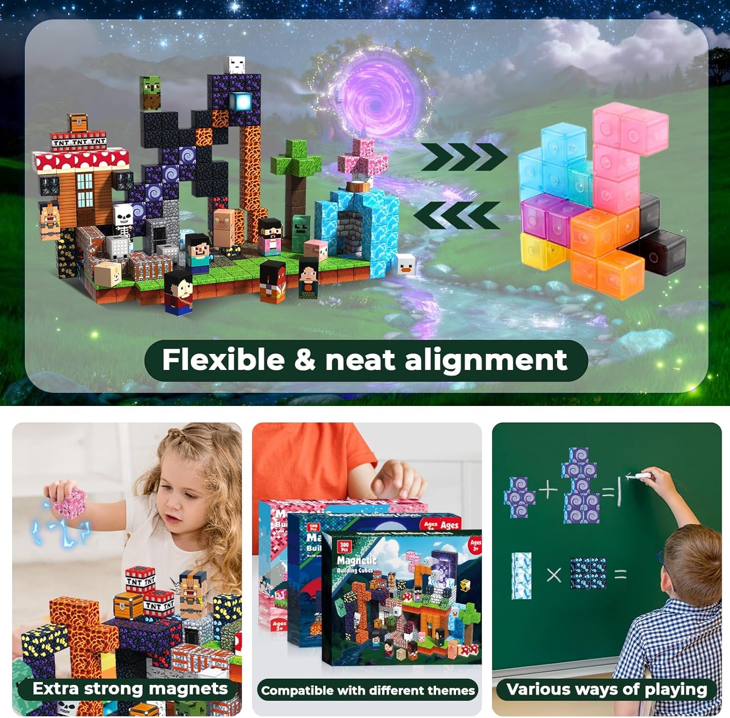 300PCS Magnetic Blocks - Magnetic Building Blocks Cubes Adventurer, Magnet Toys for Kids Age 3+, Toy Building Set for Kids, Magnets Stacking Construction Birthday Gifts for Boys Girls Age 4-8, 8-12