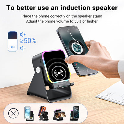 Induction Speaker with Phone Stand 5 in 1 Wireless Induction Bluetooth Audio for Iphone Android Phone Speakers Amplifier with Rechargeable Colorful Light, Birthday Gifts for Men Women Teens (Black)