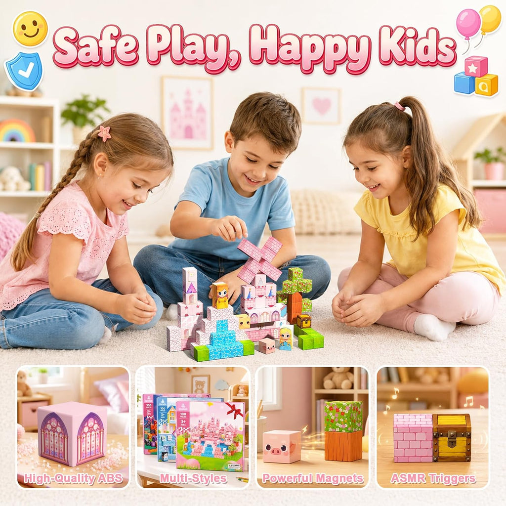 Magnetic Blocks, 100PCS Magnetic Tiles Building Blocks, Magnet Cubes STEM Sensory Game Toys Christmas Birthday Gifts for Kids Girls Age 3+ (Princess Castle)