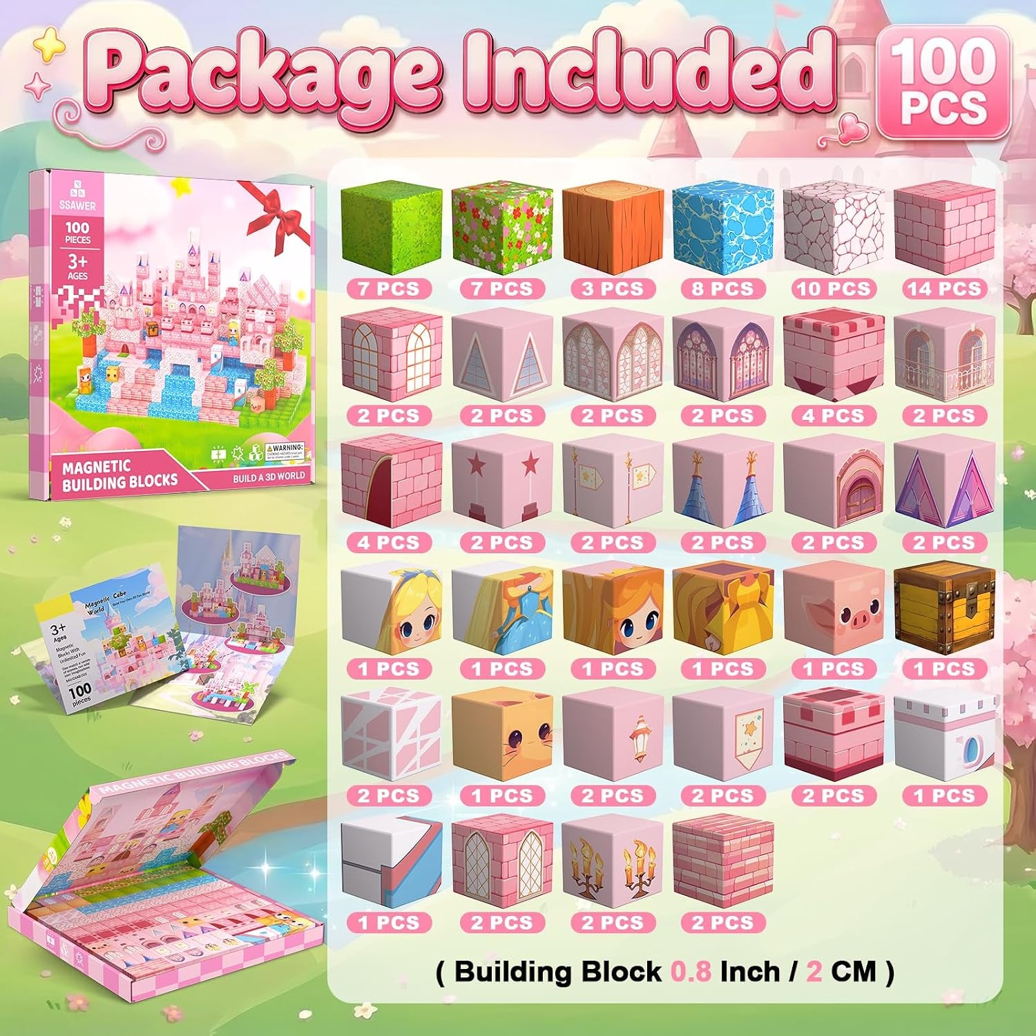 Magnetic Blocks, 100PCS Magnetic Tiles Building Blocks, Magnet Cubes STEM Sensory Game Toys Christmas Birthday Gifts for Kids Girls Age 3+ (Princess Castle)