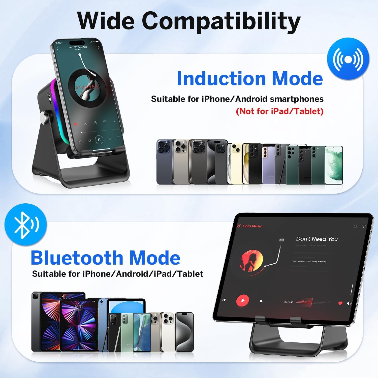 Wireless Induction Speaker 5-In-1 Bluetooth Speaker with Phone Stand,Stereo Sound, 3500Mah Rechargeable, 8 RGB Ambient Light, 360° Adjustable Holder for Iphone/Android/Ipad,Gifts for Men Women (Black)